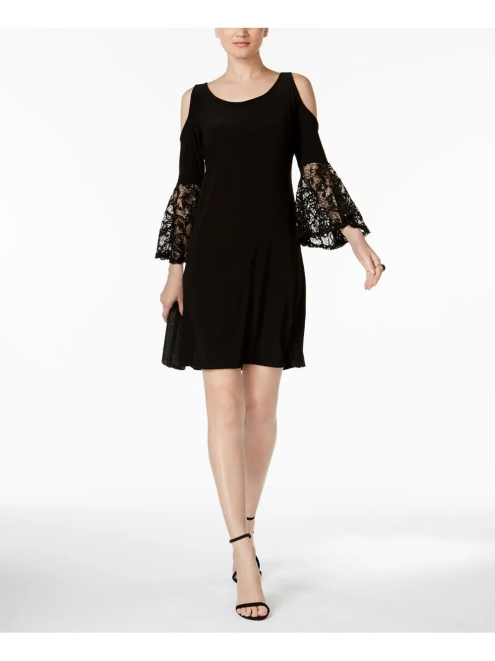 R&M Richards Black Cold-Shoulder Dress with Lace Bell Sleeves